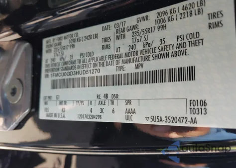 2017 Ford Escape Se из США, поврежденный, VIN 1FMCU0GD3HUD51270